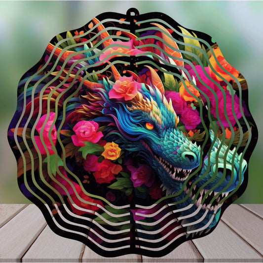 "Enchanted Dragon" 8" Round Handmade Sublimated Wind Spinner - Unique Garden Decor