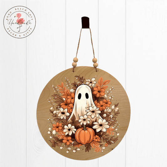 Fall 12" Round Sign Fall Leaves Pumpkin Vibes Cute Ghost-Handmade Sublimated
