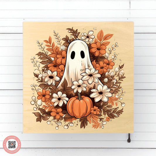 Fall Ghost 12” Square Wood Handmade Sublimated Sign