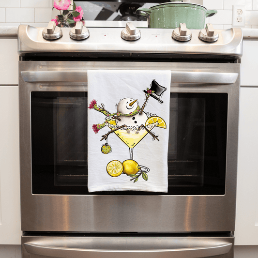 Handmade Sublimated Kitchen Tea Towel - Margarita Funny Snowman Design
