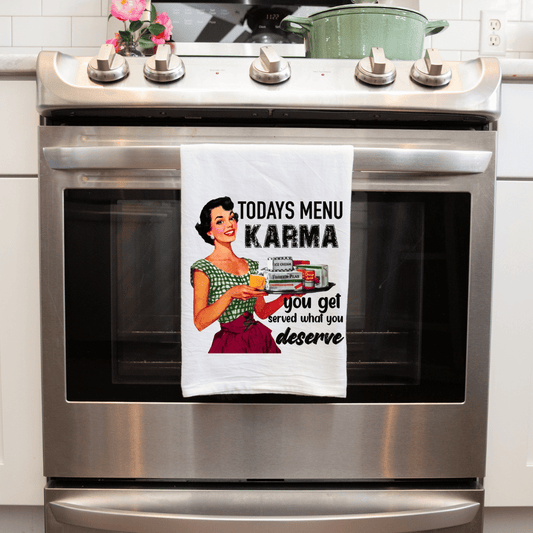Karma Handmade Sublimated Kitchen Towel: Today's Menu - Stylish Funny and Functional