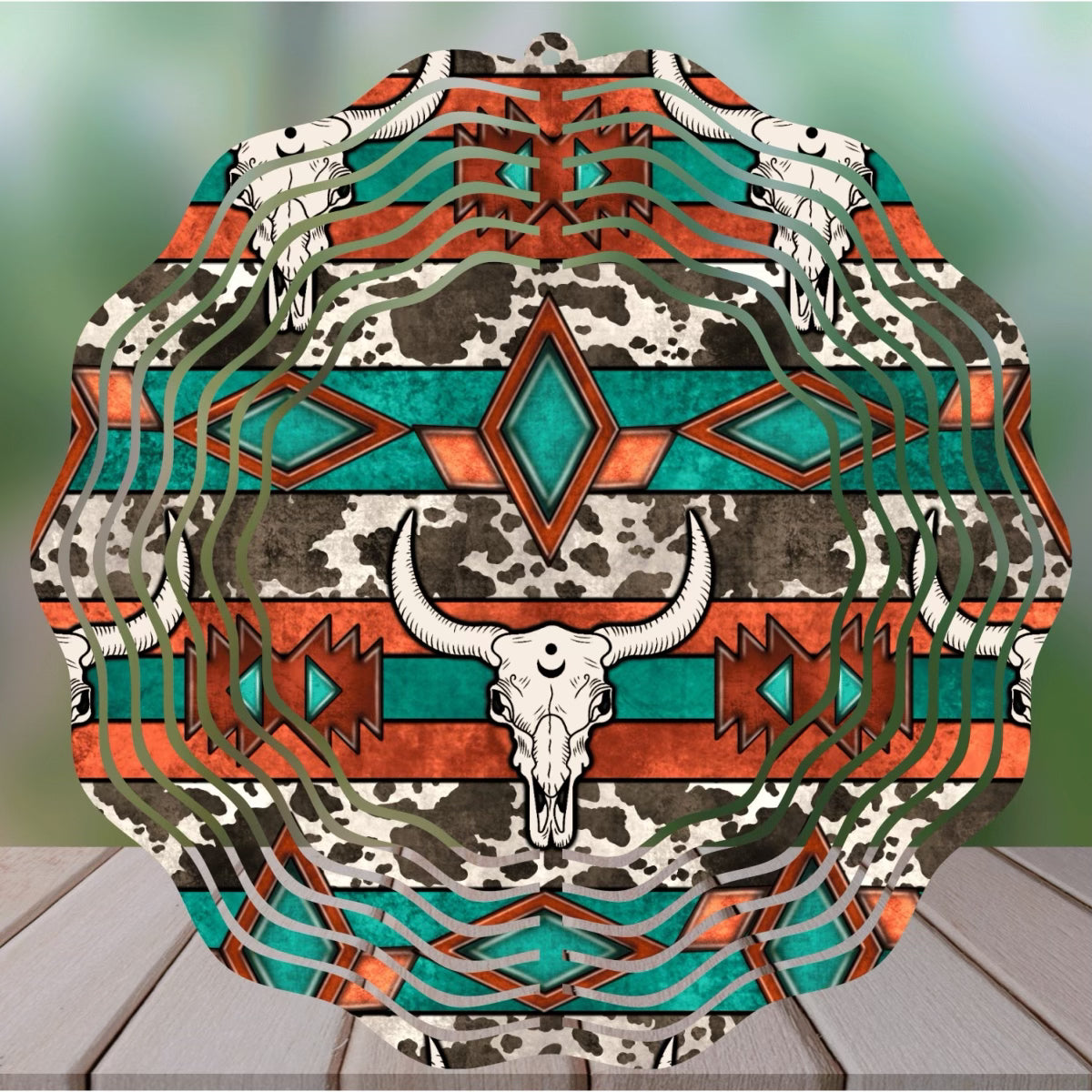 Western Cow Skull 8" Round Handmade Sublimated Wind Spinner - Unique Garden Decor