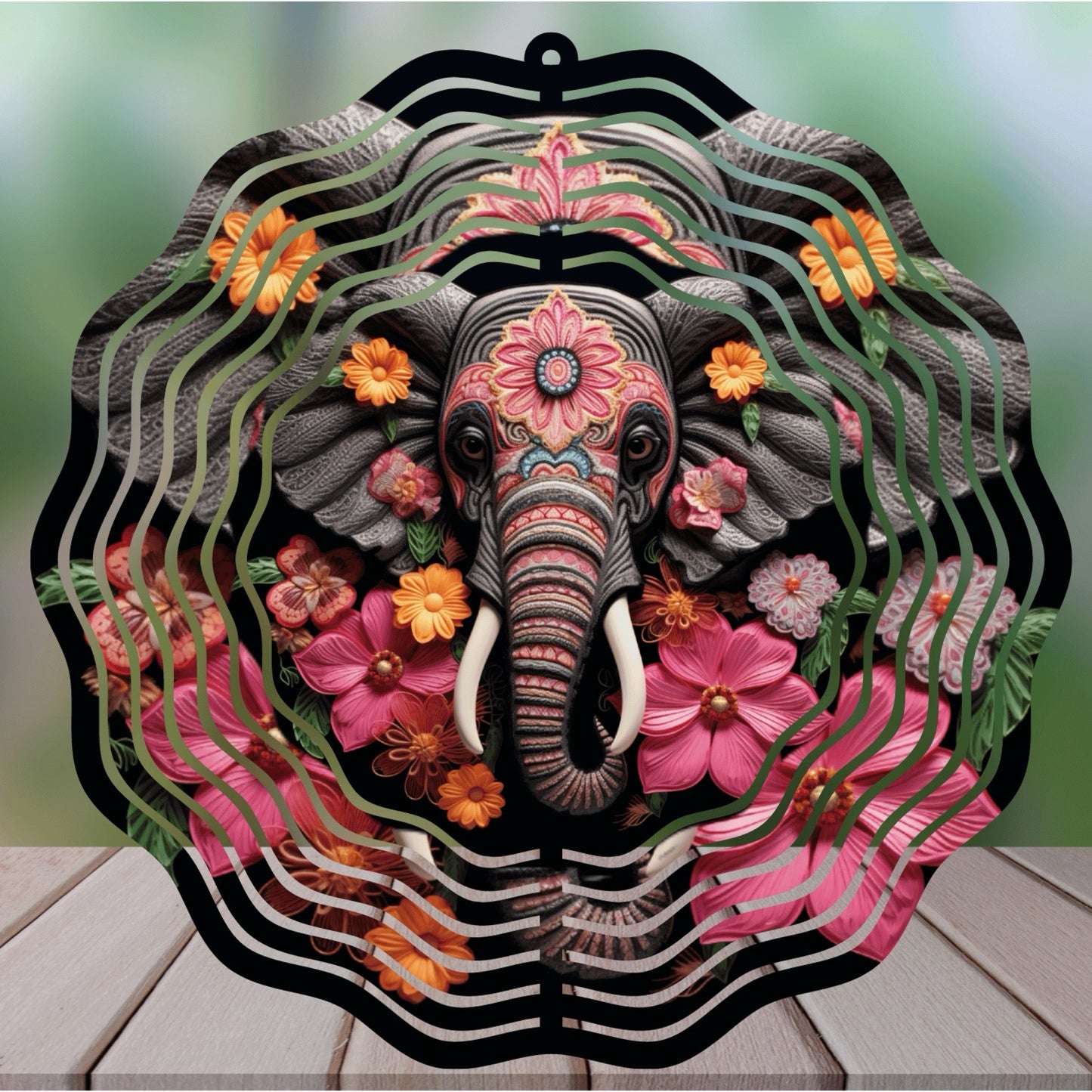 "Enchanted Elephant" 8" Round Handmade Sublimated Wind Spinner - Unique Garden Decor