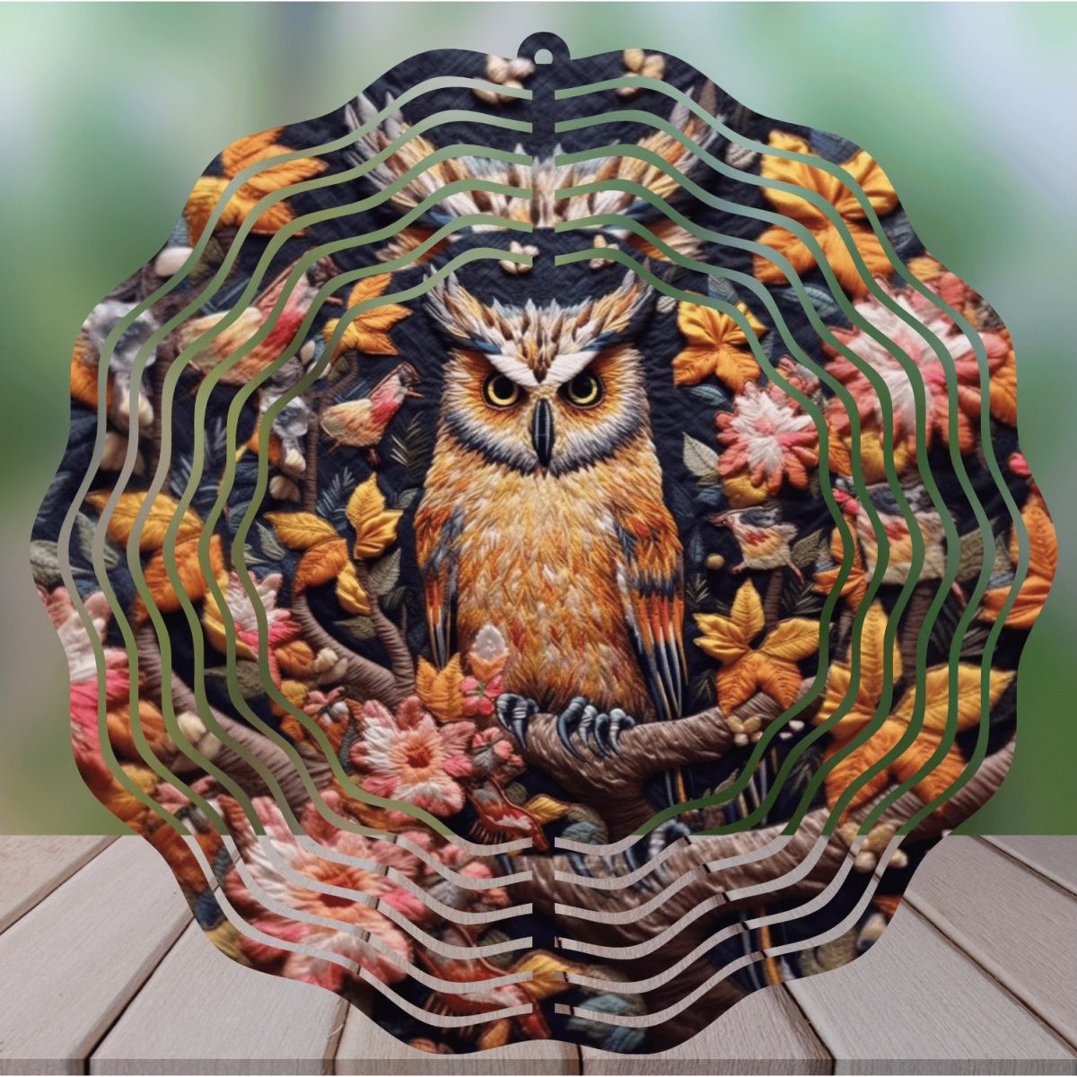 "Enchanting Owl" 8" Round Handmade Sublimated Wind Spinner - Unique Garden Decor