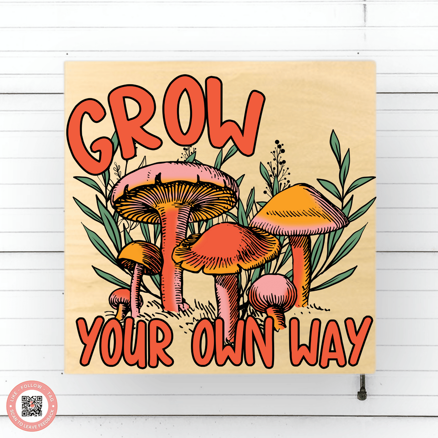 12" Square Wood Retro Grow Your Own Way Mushrooms Sign - Vintage-Inspired Wall Decor