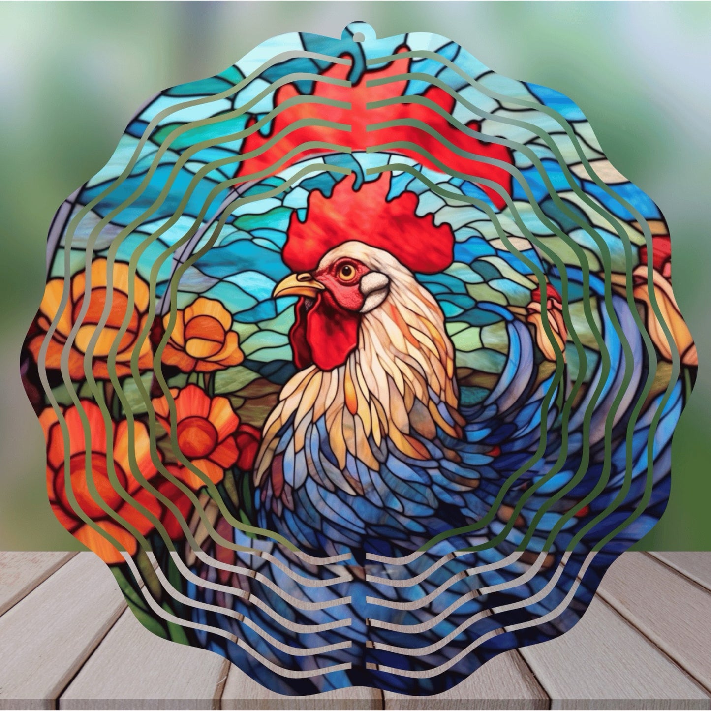 Chicken Stained Glass 8" Handmade Sublimated Wind Spinner - Unique Garden Decor