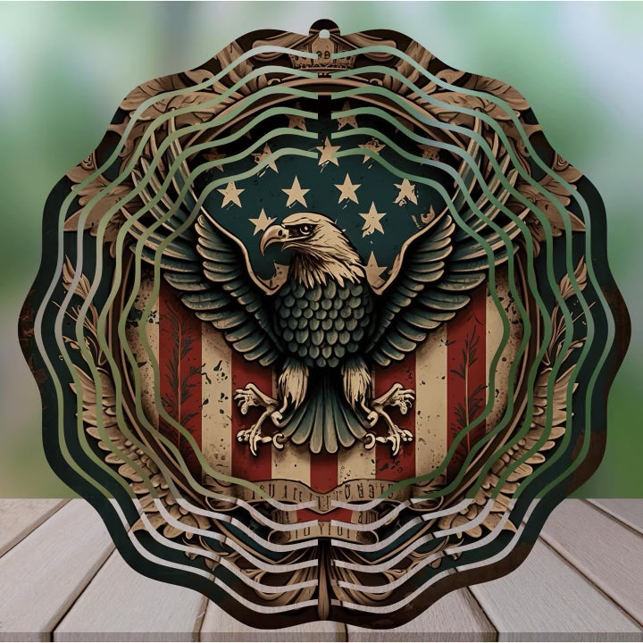 Eagle with US Flag 8" Round Handmade Sublimated Wind Spinner - Unique Garden Decor
