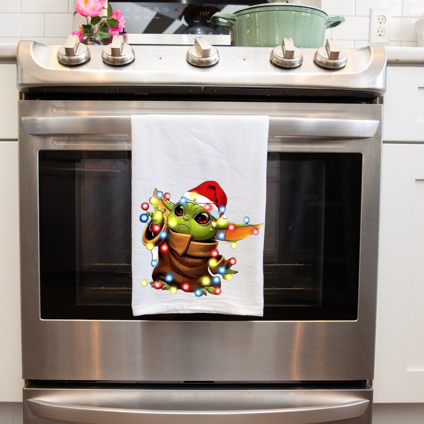 Handmade Sublimated Baby Yoda Christmas Kitchen Tea Towel | Festive Star Wars Decor