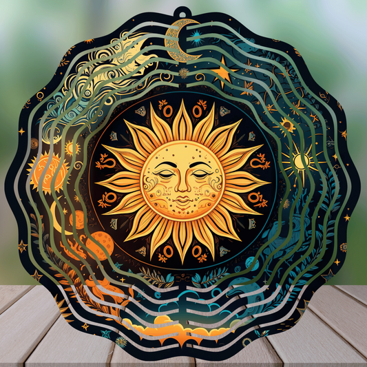 Celestial Sun and Moon 8" Round Handmade Sublimated Wind Spinner - Unique Garden Decor