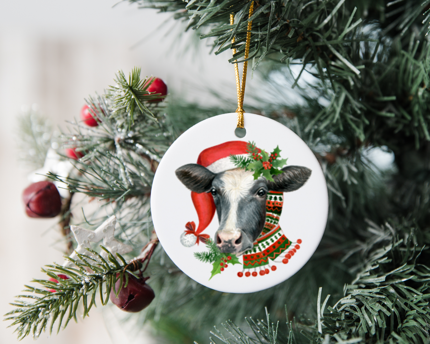 Charming Handmade Sublimated Christmas Cow Ornament - MDF Round Wood