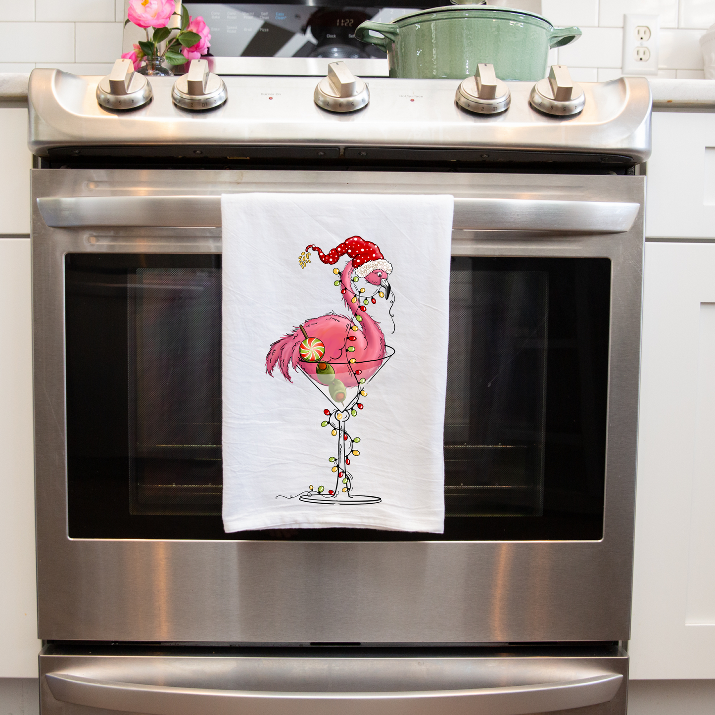 Christmas Flamingo Martini Glass Handmade Sublimated Kitchen Towel