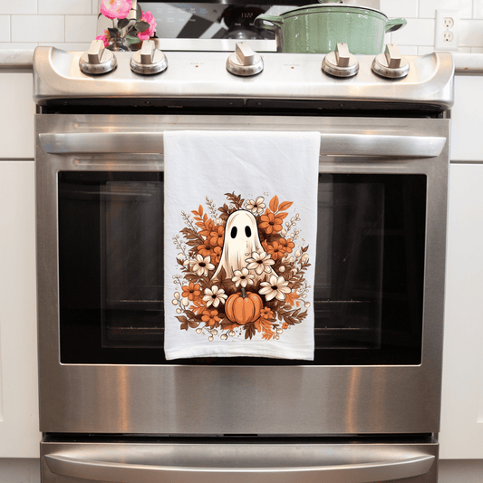 Fall Leaves Pumpkin Vibes Cute Ghost Handmade-Sublimated Kitchen Towel