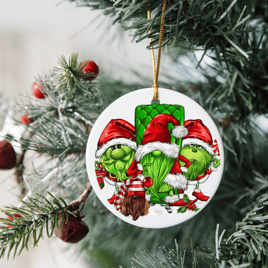 Whimsical Grinch and Gnome Sublimated Round Wood Christmas Ornament