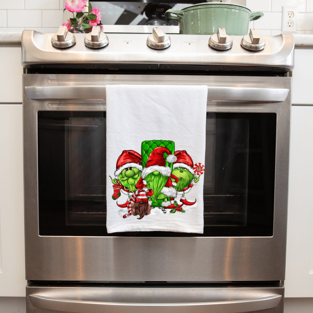 Whimsical Grinch Gnome Handmade Sublimated Christmas Kitchen Towel