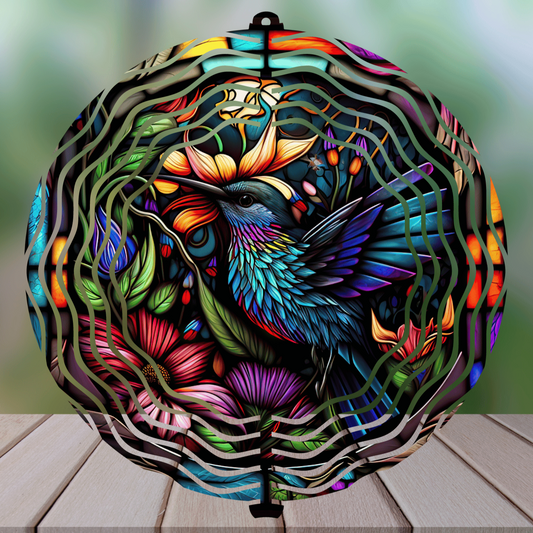 Stained Glass Hummingbird Round Handmade Sublimated Wind Spinner - Unique Garden Decor