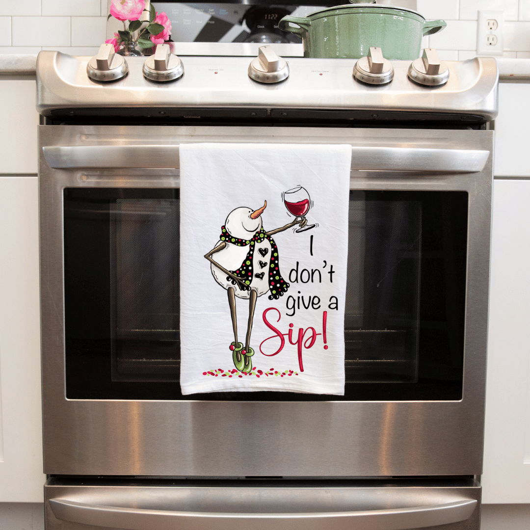 Handmade Sublimated Kitchen Tea Towel - 'I Don't Give a Sip' Funny Snowman Design