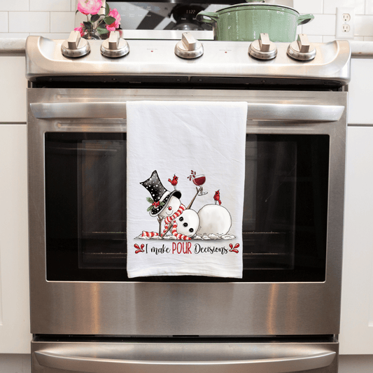 Handmade Sublimated Kitchen Tea Towel - 'I Make Pour Decisions' Funny Snowman Design