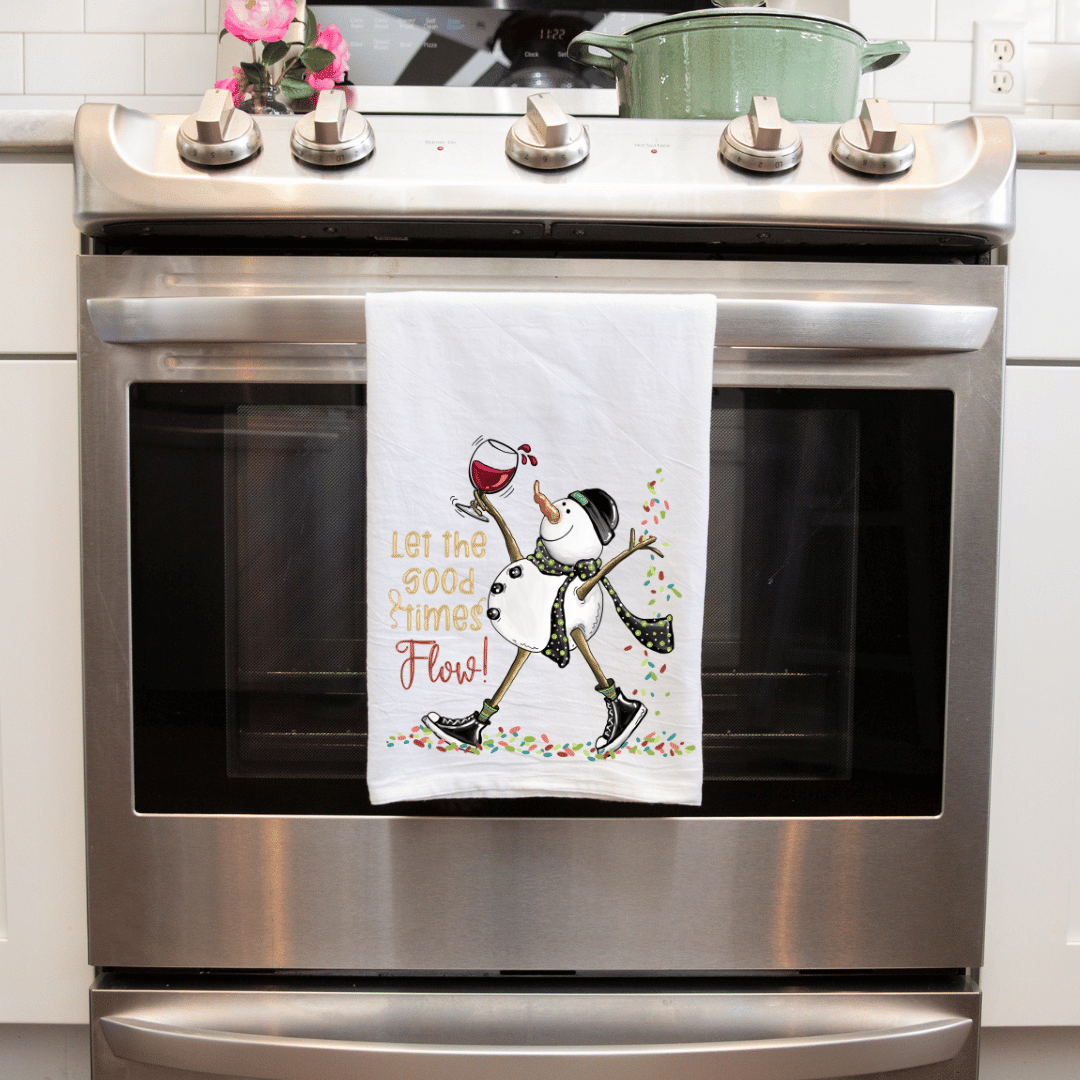 Handmade Sublimated Kitchen Tea Towel - 'Let The Good Times Flow' Funny Snowman Design