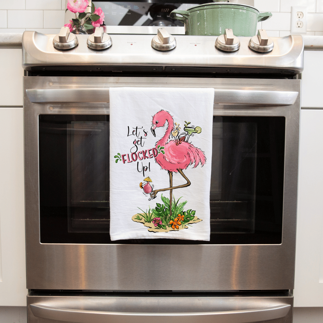 Handmade Sublimated Kitchen Tea Towel - 'Let's Get Flocked Up' Flamingo Design
