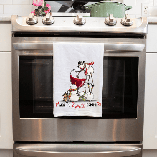 Handmade Sublimated Kitchen Tea Towel - 'Making Spirits Bright' Funny Snowman Design