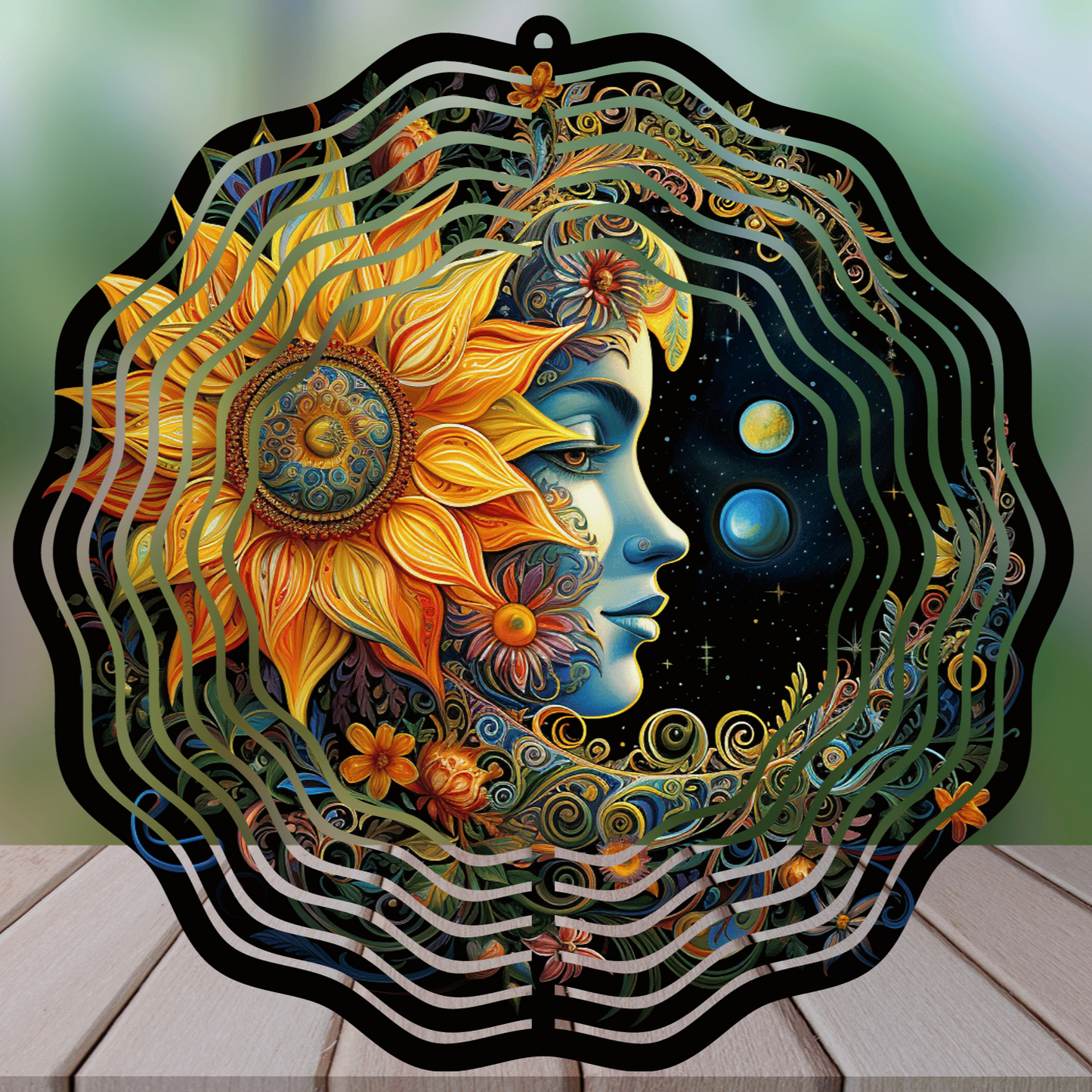Sun and Moon Sunflower Celestial 8" Round Handmade Sublimated Wind Spinner - Unique Garden Decor