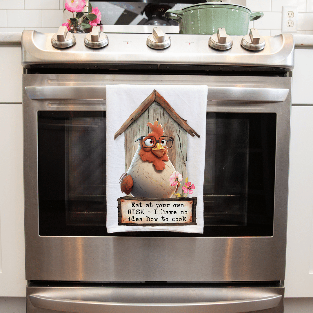 "Eat at Your Own RISK" Funny Farmhouse Chicken Handmade Decorative Towel