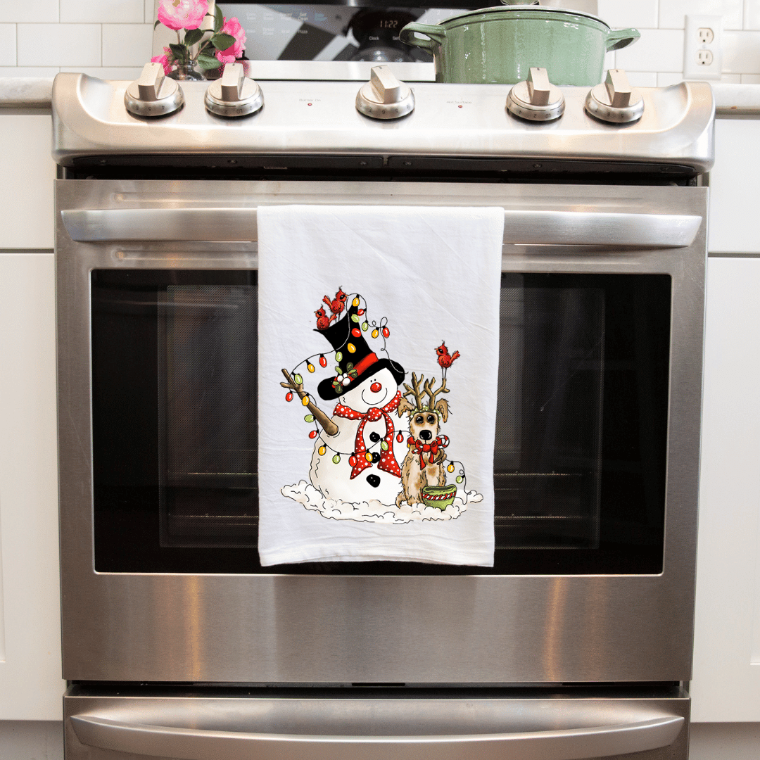 Handmade Sublimated Kitchen Tea Towel - Christmas Snowman and Reindeer