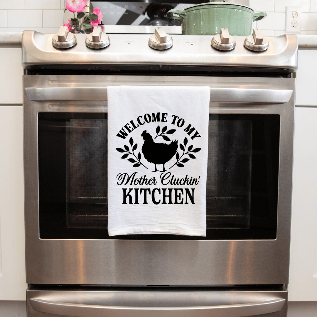"Welcome to My Mother Cluckin' Kitchen" Funny Farmhouse Chicken Handmade Decorative Towel