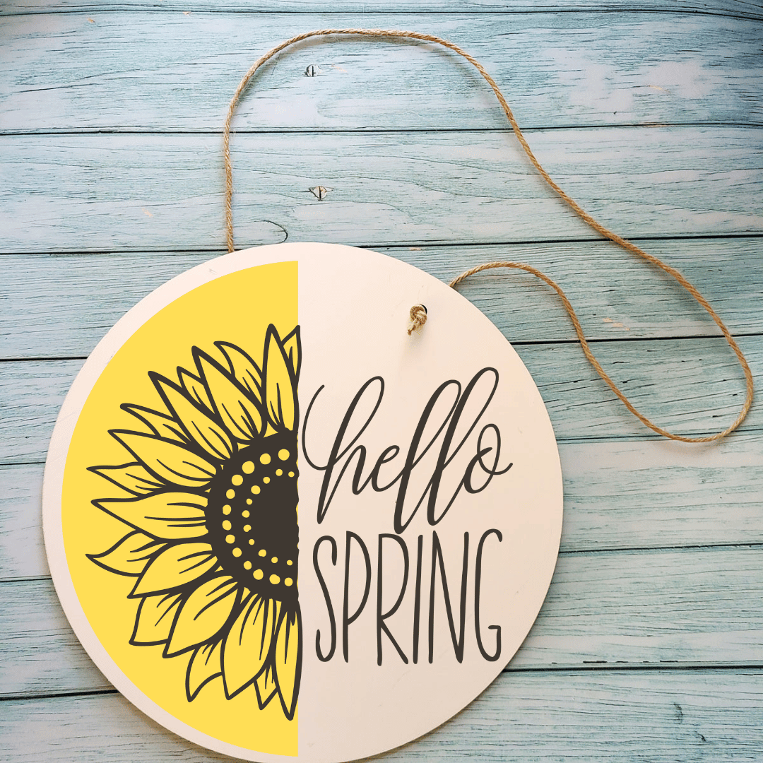 Hello Spring Handmade Round Wood Sunflower Theme Sign