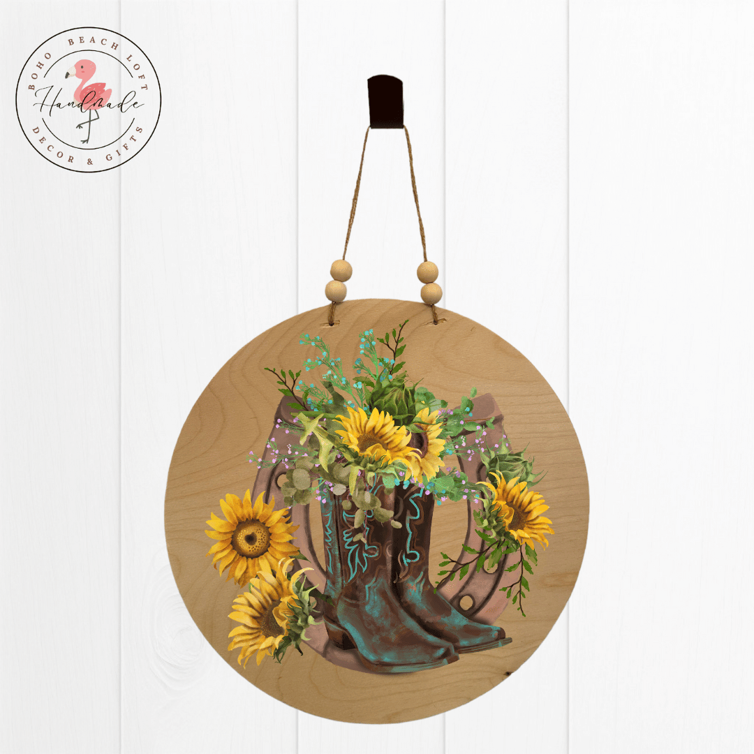 Cowboy Boots and Sunflowers Handmade Round Wood Western Theme Sign