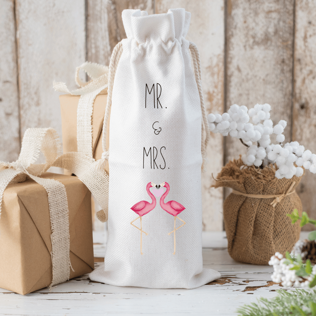 Mr. & Mrs. Flamingo Unique Handmade Canvas Wine Gift Bag – Perfect For Bride & Groom Gift
